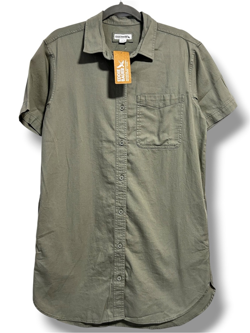 Eddie Bauer Everyday Cotton Dress Womens Small Sage Green Button Shirt Dress New